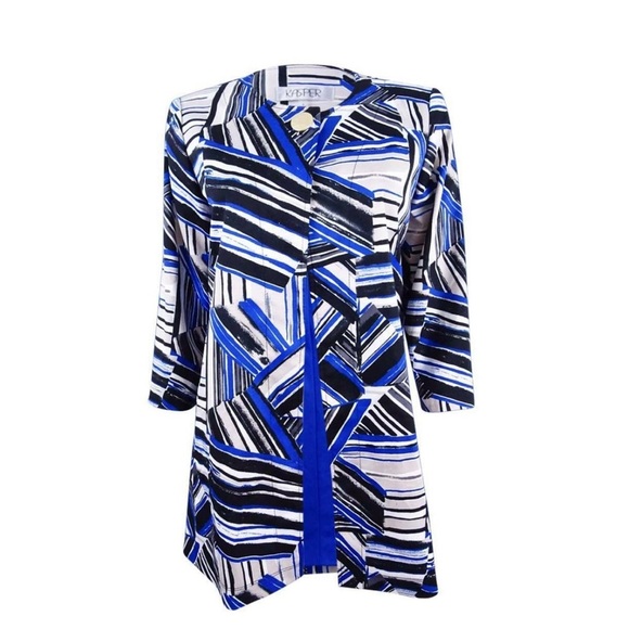 Kasper Blue & White Abstract 3/4 Length Sleeve One Button Flyaway Topper Blazer - Picture 1 of 9